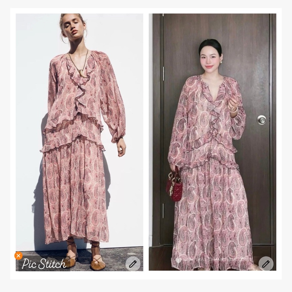 Zara Pink Paisley Ruffled Midi Dress